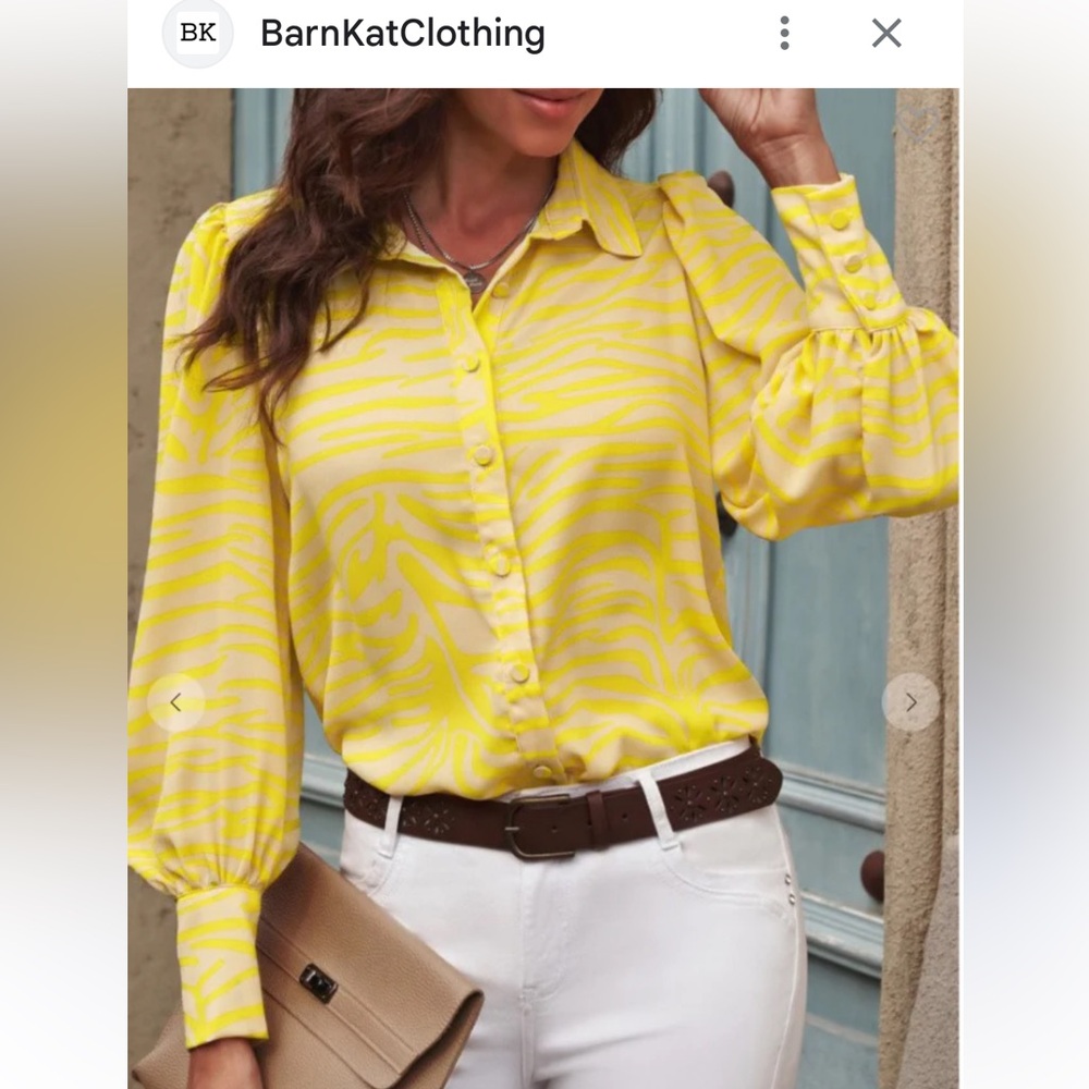 XL Barn cat Yellow Zebra Print button down Women's Top